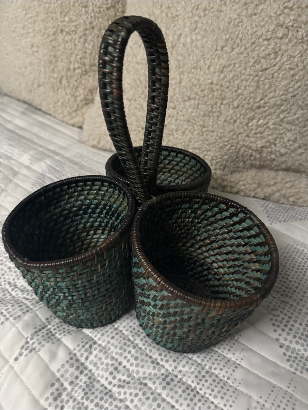 Handwoven Rustic Teal and Brown Triple Basket Caddy Woven Utensils Holder